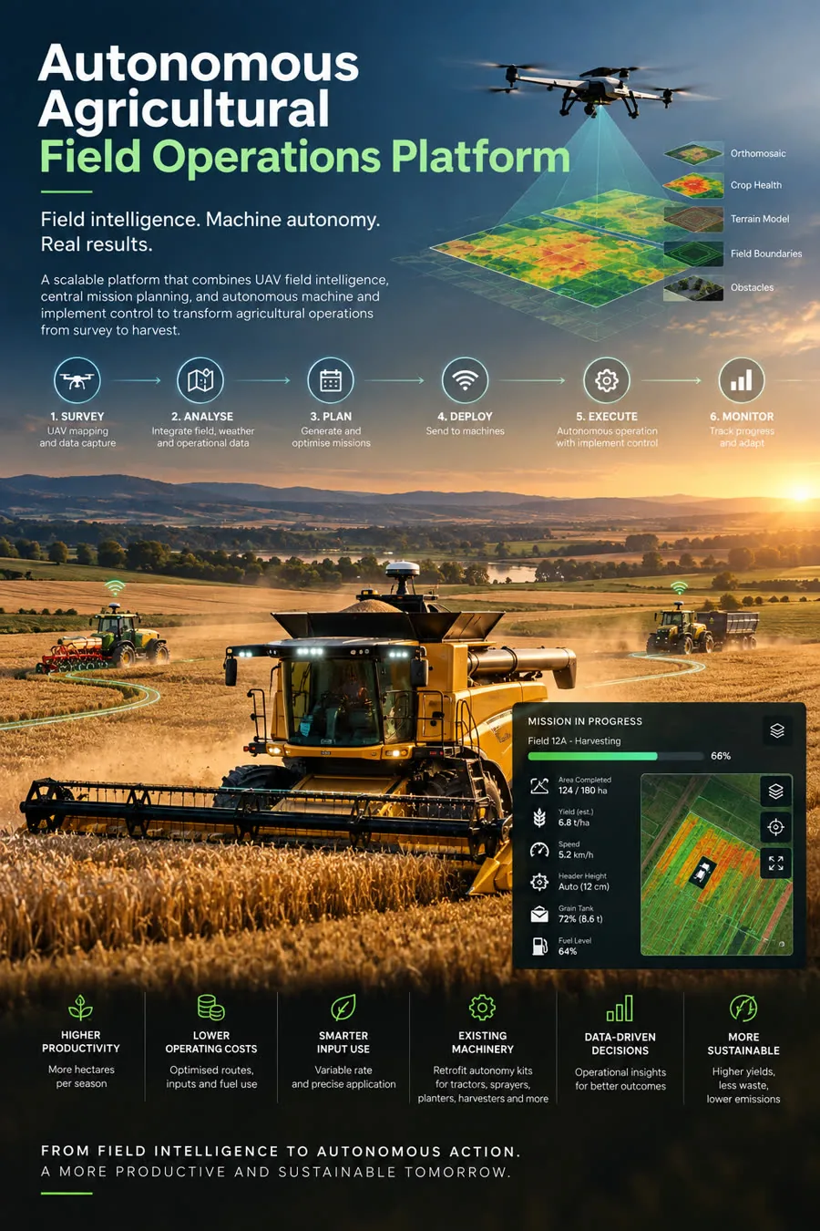 Autonomous Agricultural Field Operations Platform poster, showing UAV survey producing orthomosaic, crop health, terrain and boundary layers, the six stage flow from survey to monitor, autonomous machines working a field with a live mission dashboard, and the benefits across productivity, cost, inputs, machinery, decisions and sustainability