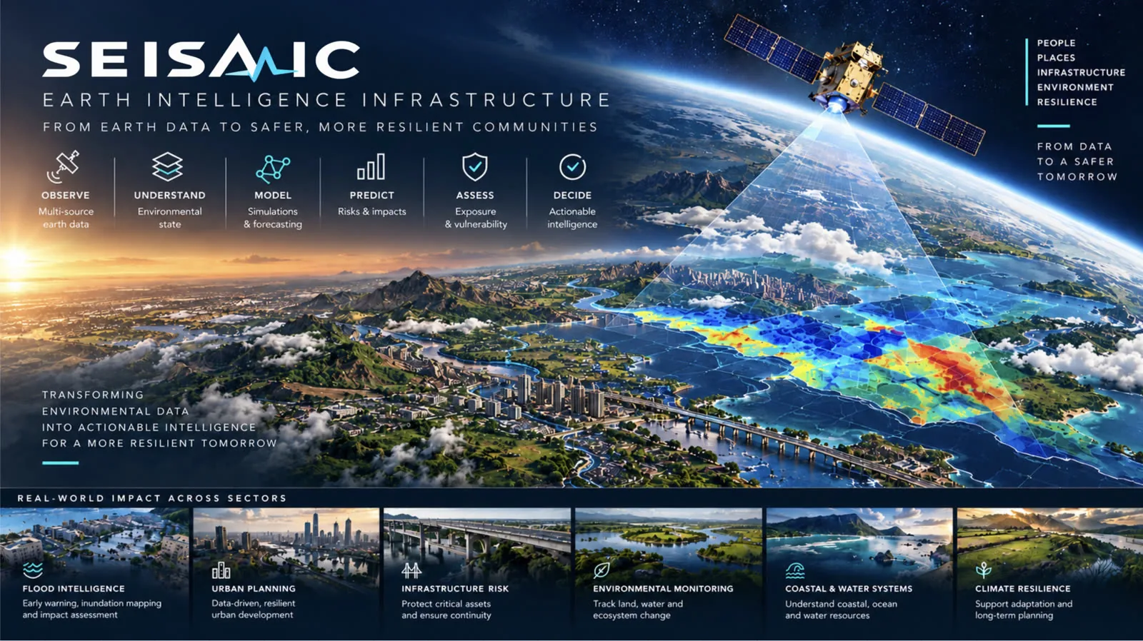 Seismic, Earth intelligence infrastructure, from Earth data to safer more resilient communities, showing the observe, understand, model, predict, assess and decide stages over a landscape with hazard modelling, a satellite in orbit, and a strip of sector applications